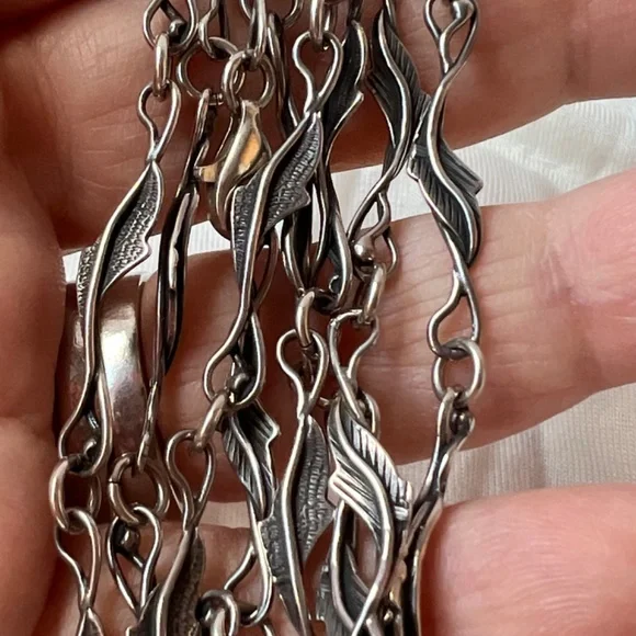 ANTIQUE VINTAGE LONG 925 STERLING SILVER NECKLACE CHAIN LEAVES DESIGN ORNATE